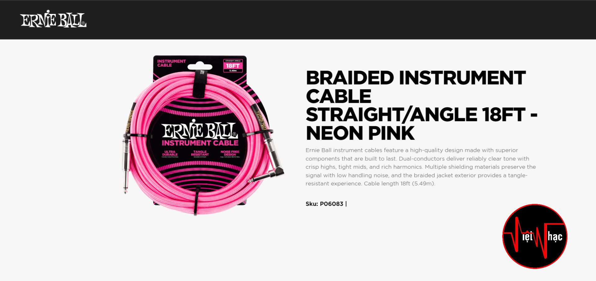 Dây Tín Hiệu Ernie Ball 5.5m P06084 Braided Straight/Right Angle Instrument Cable - 18 foot Neon Orange